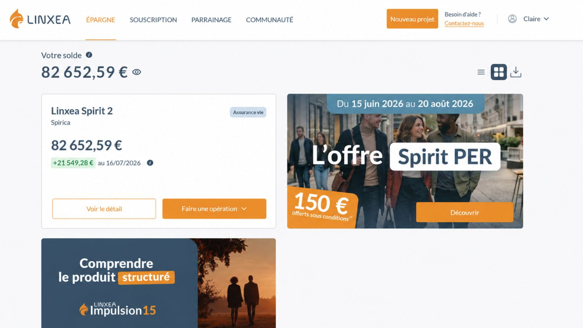 Interface client Linxea Spirit 2 pour suivre et gérer son assurance vie