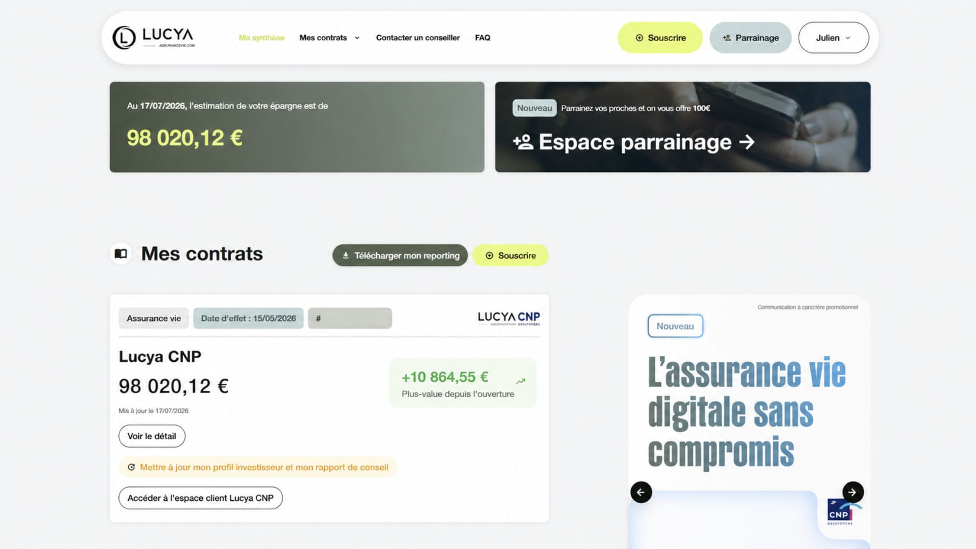 Interface client Lucya CNP pour suivre et gérer son assurance vie