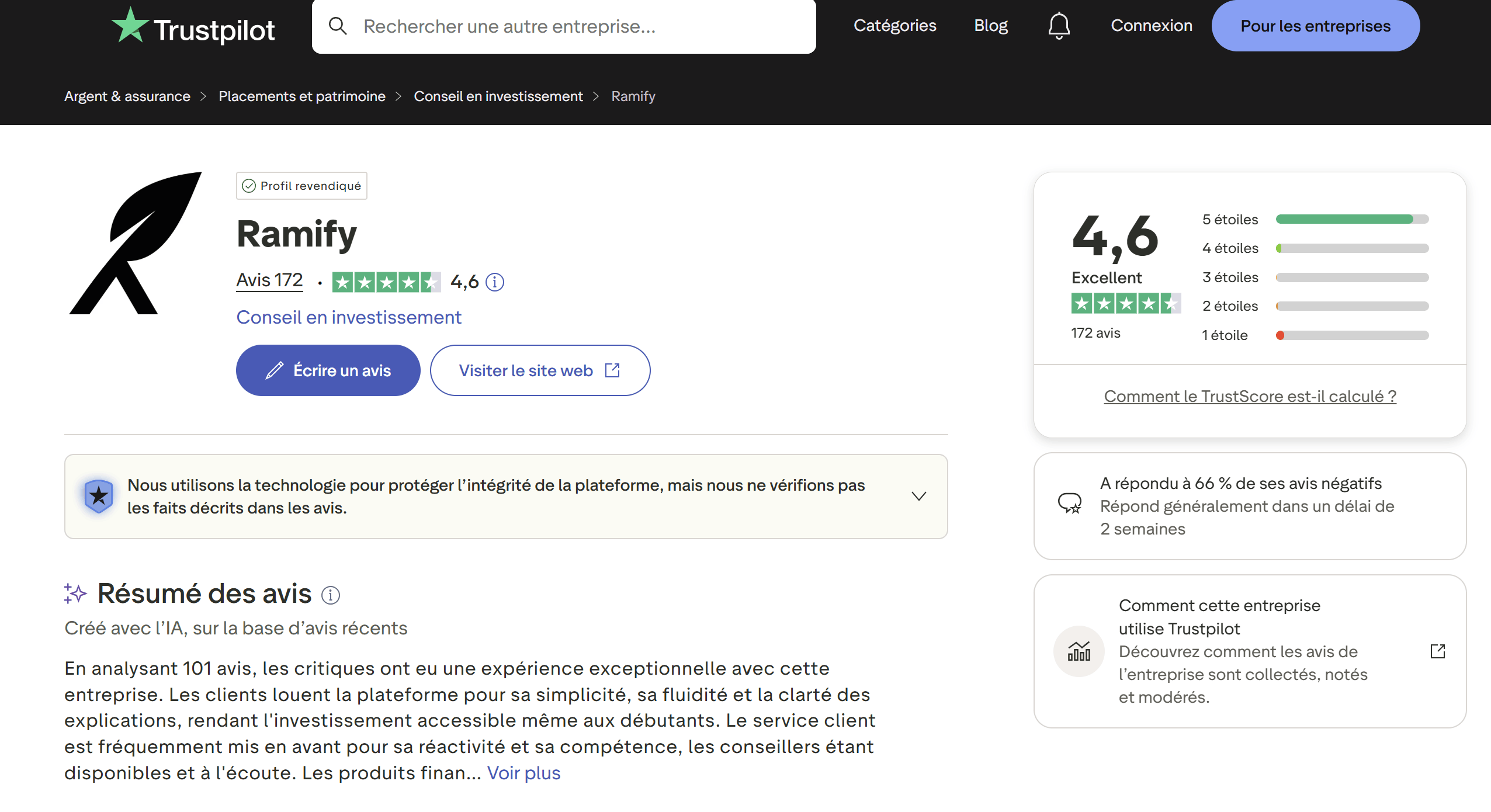 avis clients trustpilot ramify
