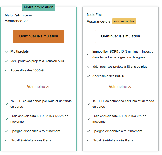 Les 2 assurances vie proposées par Nalo : Nalo Patrimoine et Nalo Flex.