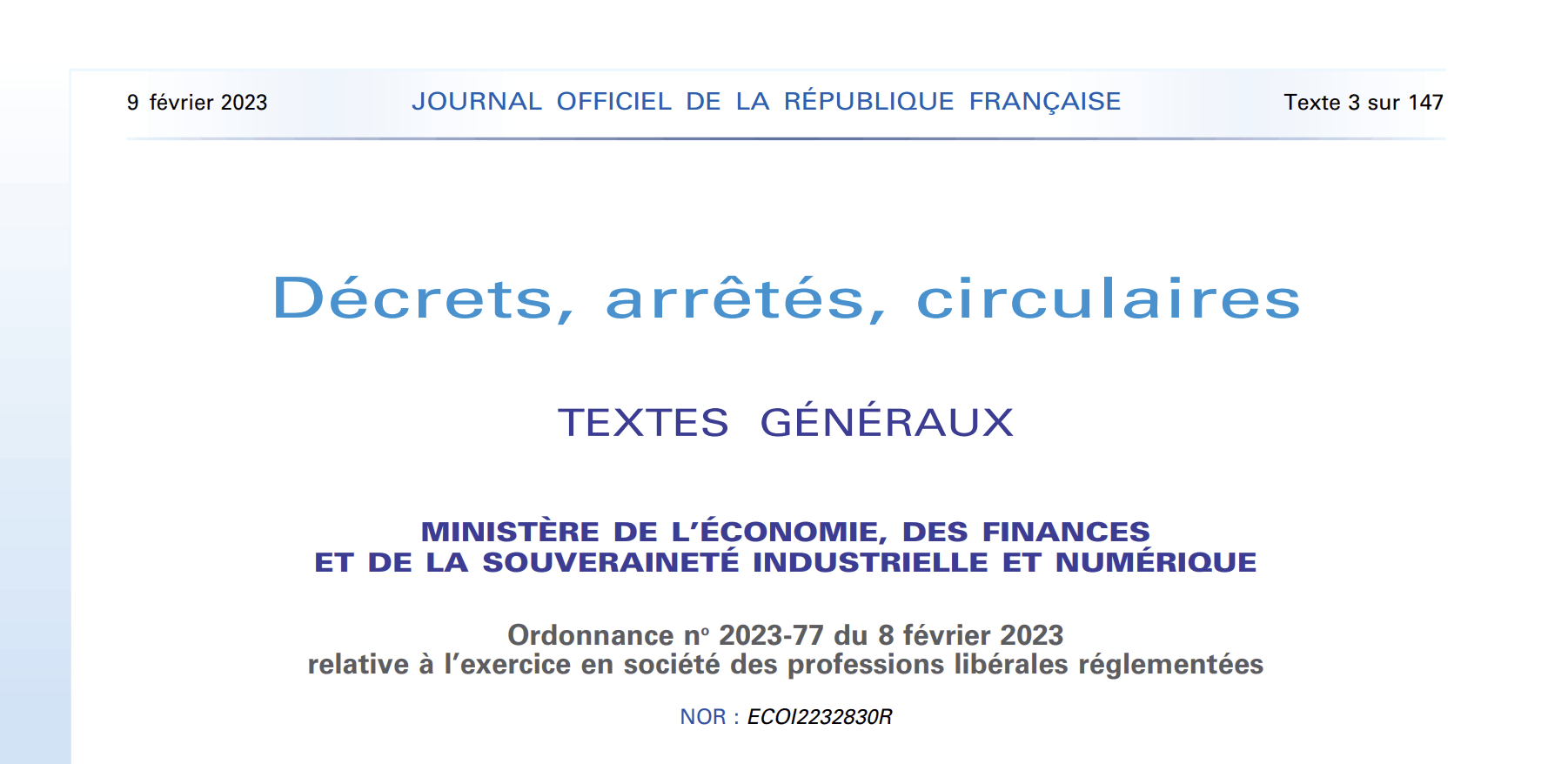 Ordonnance n° 2023-77 du 8 février 2023 relative à l'exercice en société des professions libérales réglementées