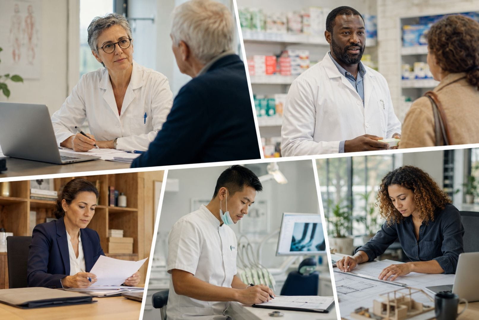 Collage éditorial montrant cinq professions libérales réglementées concernées par la SPFPL : médecin, pharmacien, juriste, dentiste et architecte.