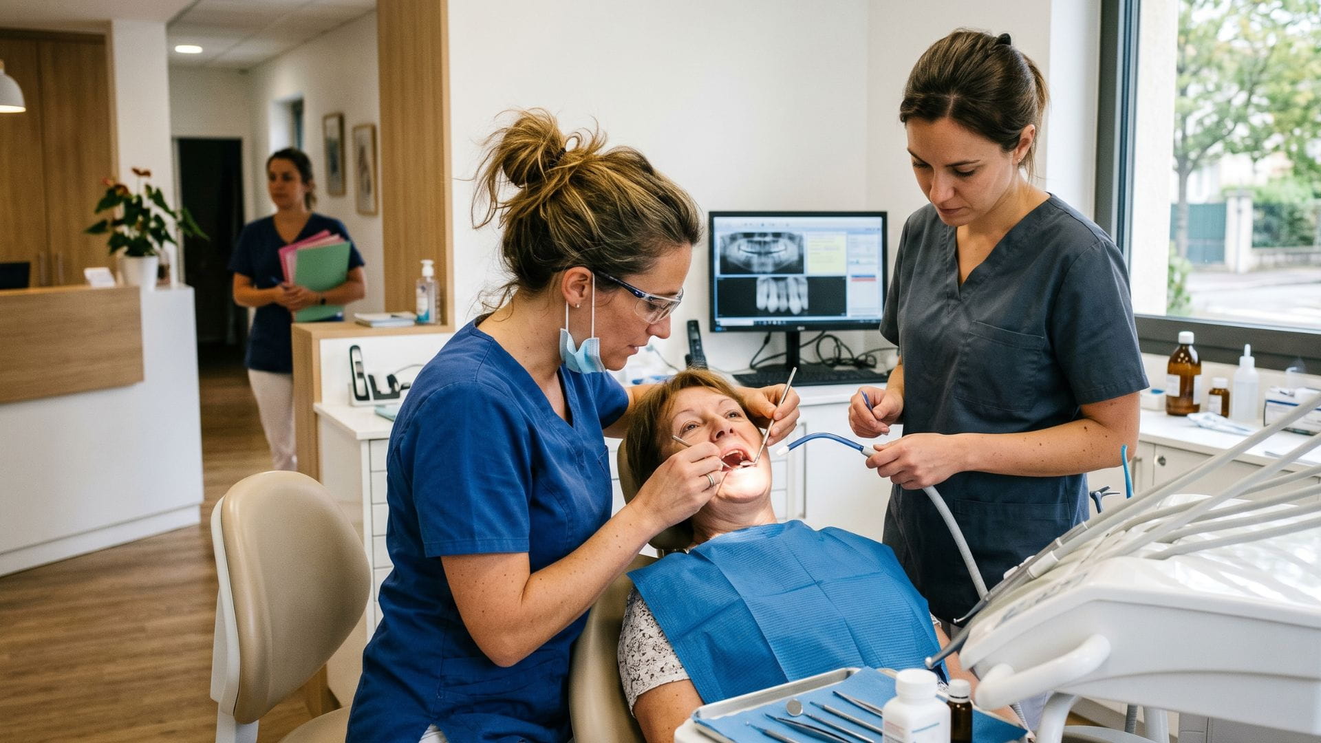 Chirurgien-dentiste en plein soin sur une patiente dans un cabinet dentaire moderne, assistée d'une collaboratrice.