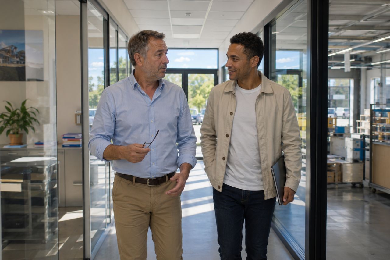 Dirigeant de PME échangeant avec un repreneur dans les bureaux d’une entreprise avant une cession.