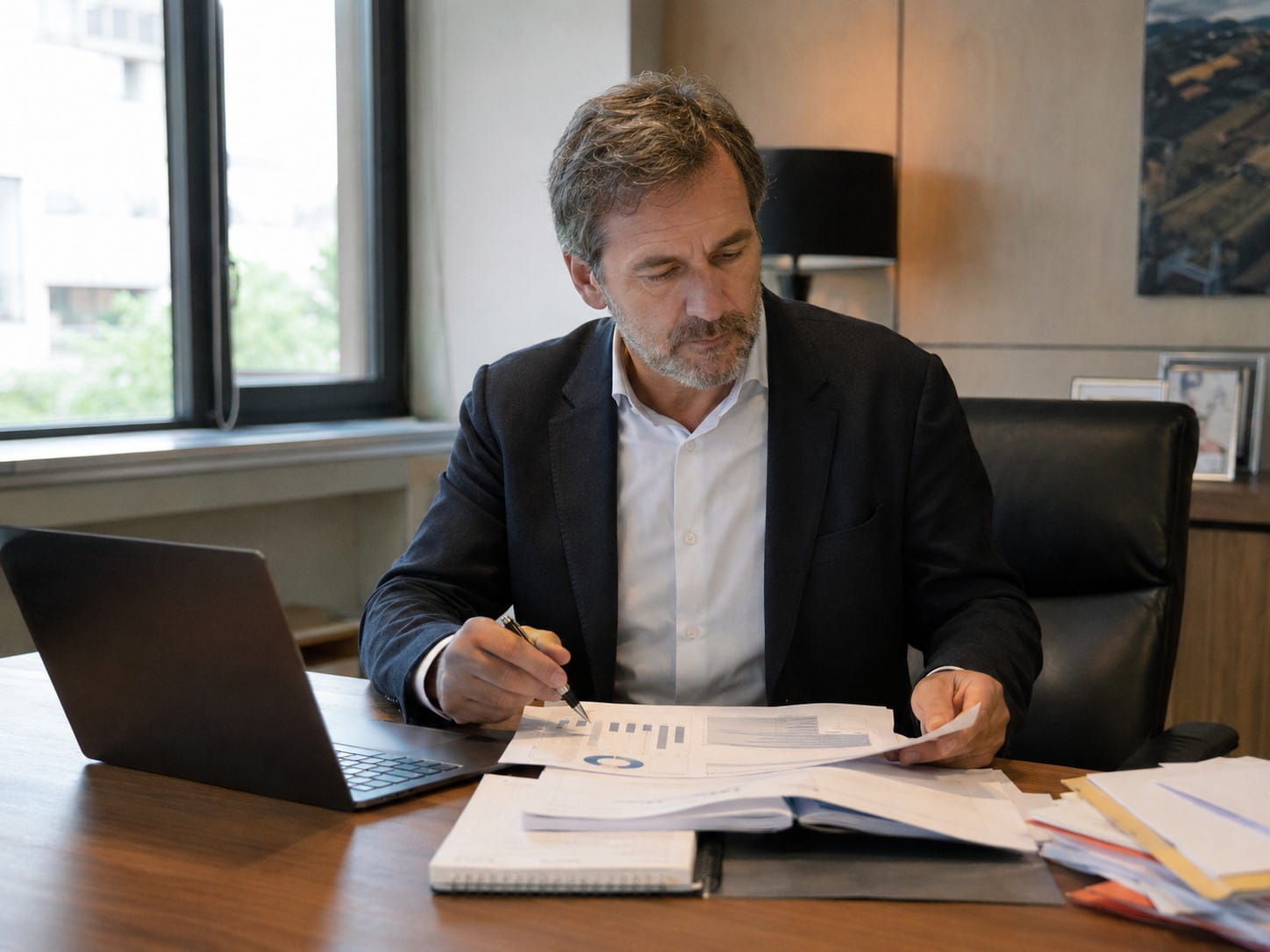 Chef d’entreprise consultant des documents financiers après une cession