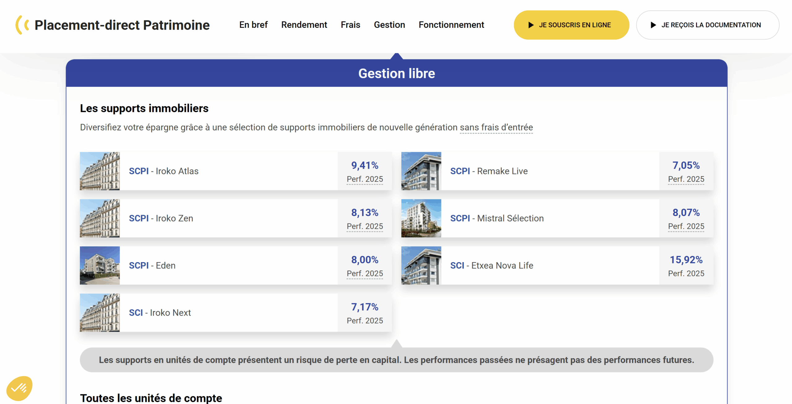 Sélection de SCPI et SCI disponibles dans Placement-direct Patrimoine, avec leurs performances 2025.