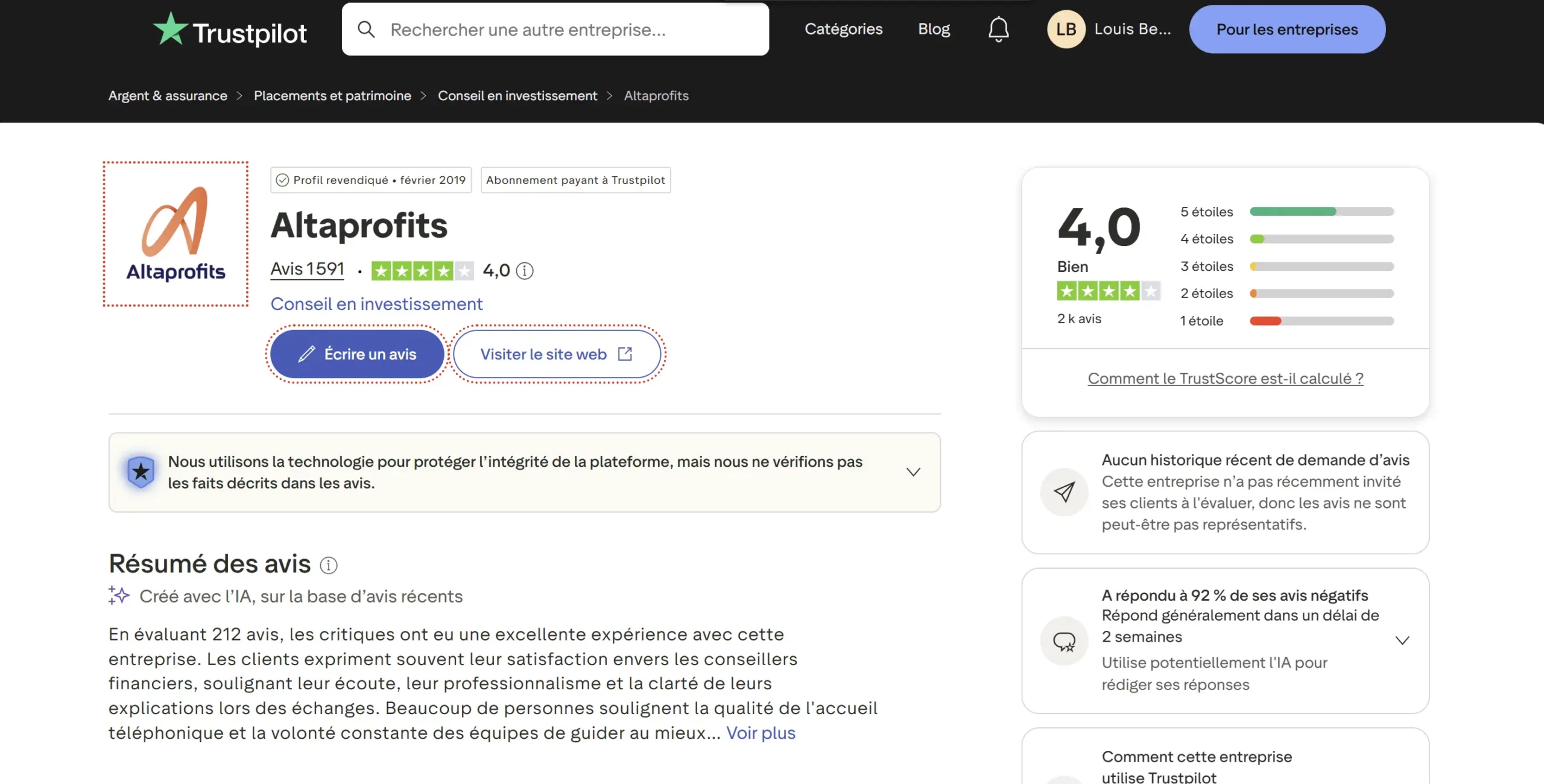 Avis Altaprofits sur Trustpilot : note de 4 sur 5
