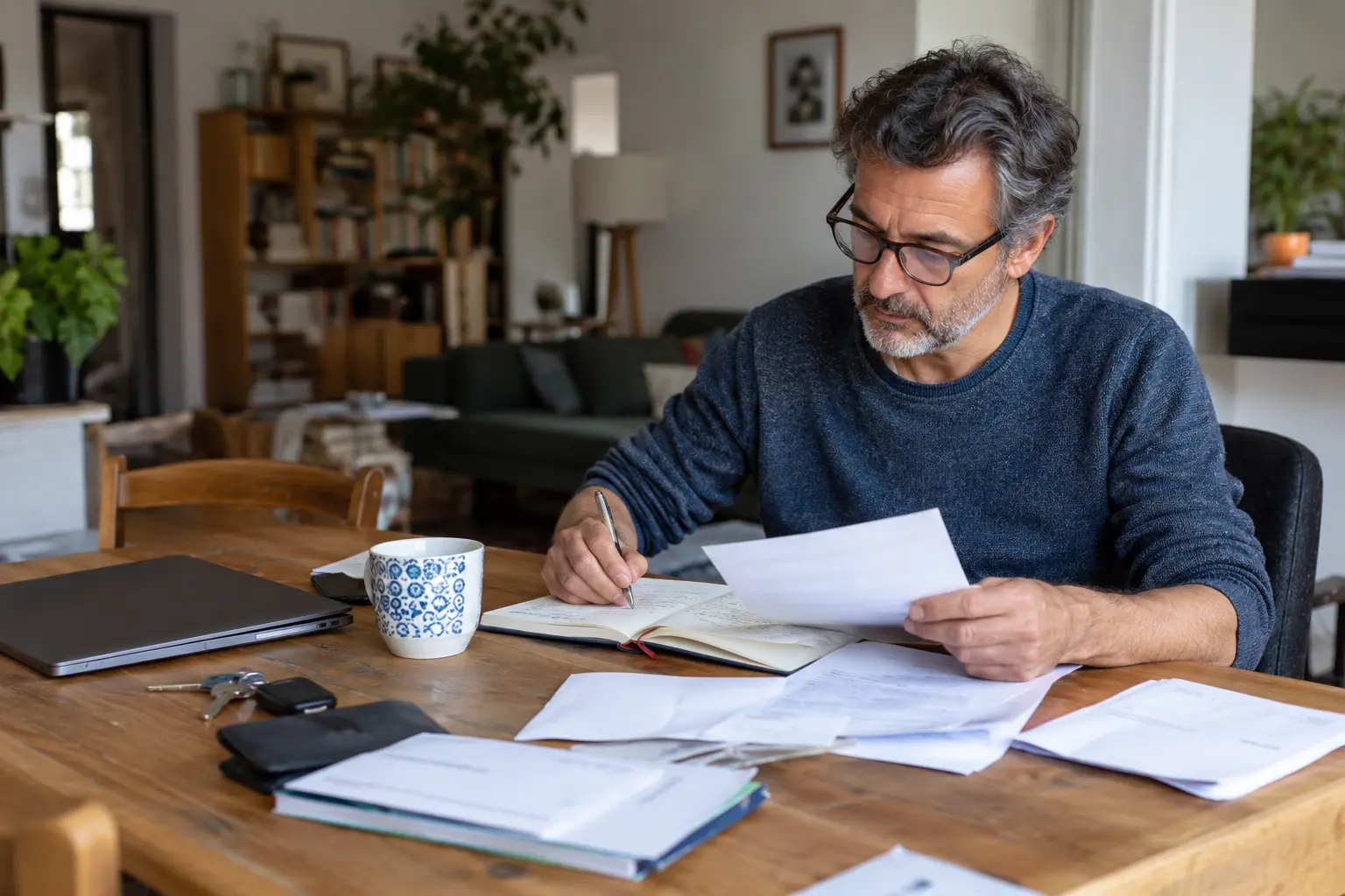 Homme consultant des documents pour organiser ses projets avant d’investir un capital